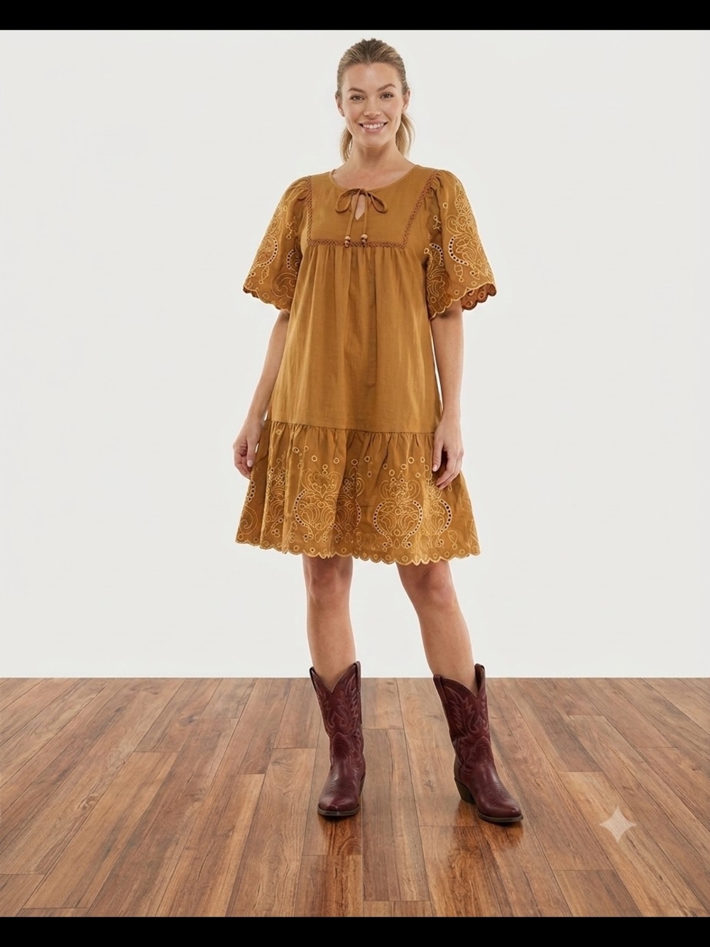 Tie-Neck Eyelet Tiered Dress in Mustard